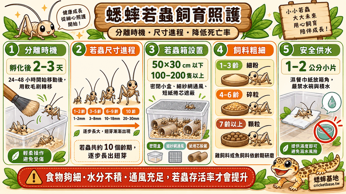 蟋蟀若蟲（幼蟲）飼育照護：分離時機、尺寸進程與死亡率降低要點