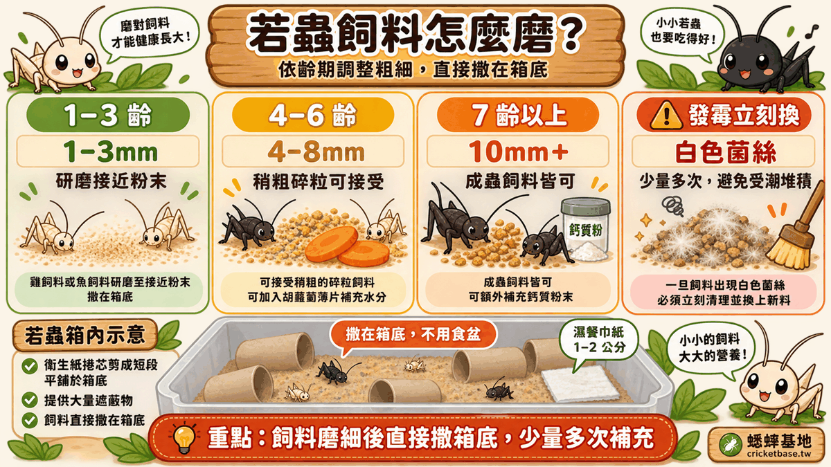 若蟲飼料選擇示意：飼料依齡期研磨後直接撒在箱底