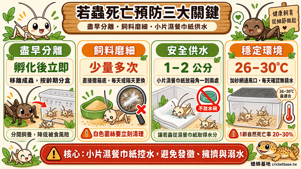 若蟲飼育三大關鍵總結：盡早分離、飼料磨細、小片濕餐巾紙供水