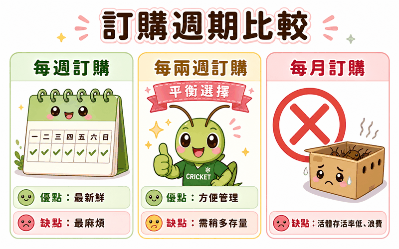 訂購週期比較：每週、每兩週、每月三欄