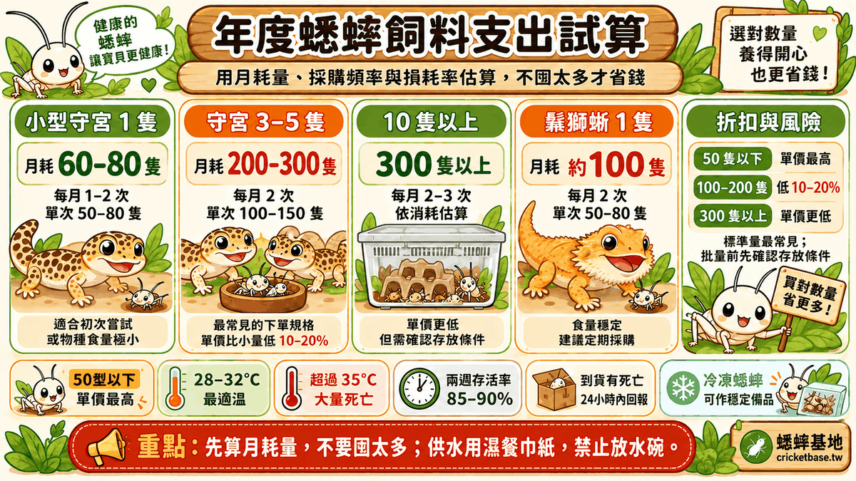 年度蟋蟀飼料支出試算:豹紋守宮、鬃獅蜥、刺蝟、角蛙各物種每月/每年費用估算