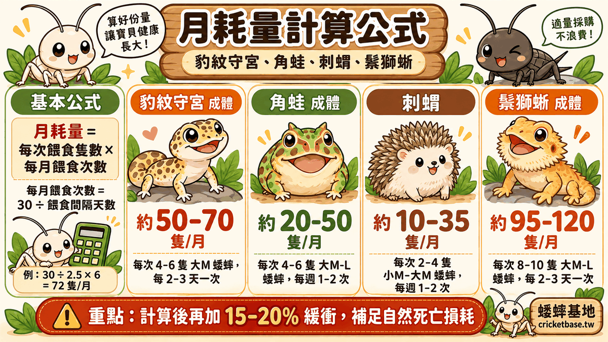 豹紋守宮、角蛙、刺蝟、鬃獅蜥的月耗量估算