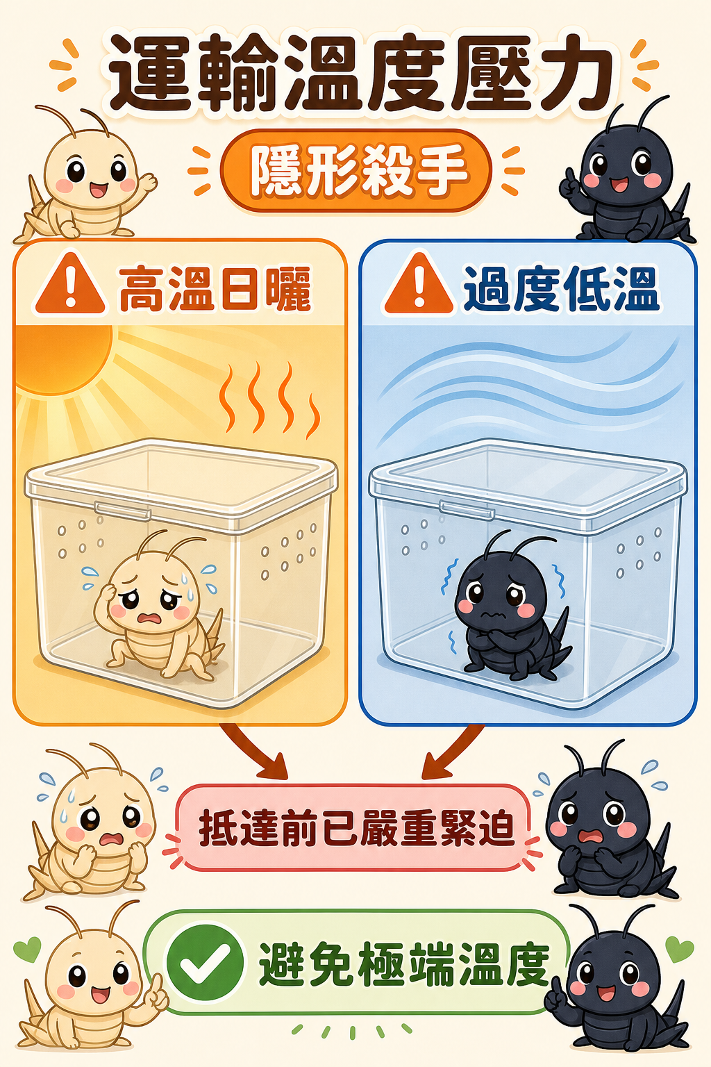 運輸過程中的高溫日曬和過度低溫都是蟋蟀的隱形殺手，兩種極端都會讓牠們在抵達時就已承受嚴重壓力。