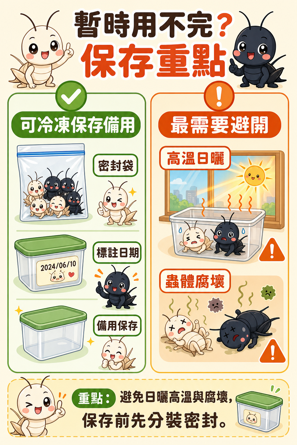 活體蟋蟀若暫時用不完，可以冷凍保存備用；高溫日曬或讓蟲腐壞才是最需要避開的狀況。