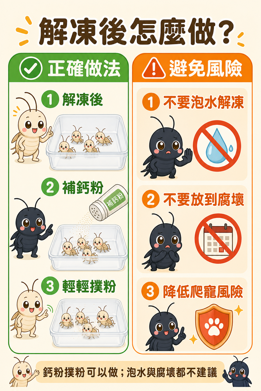 冷凍蟋蟀解凍後補上鈣粉撲粉是正確做法，但泡水解凍或放到腐壞才用都會讓爬寵吃進不必要的風險。