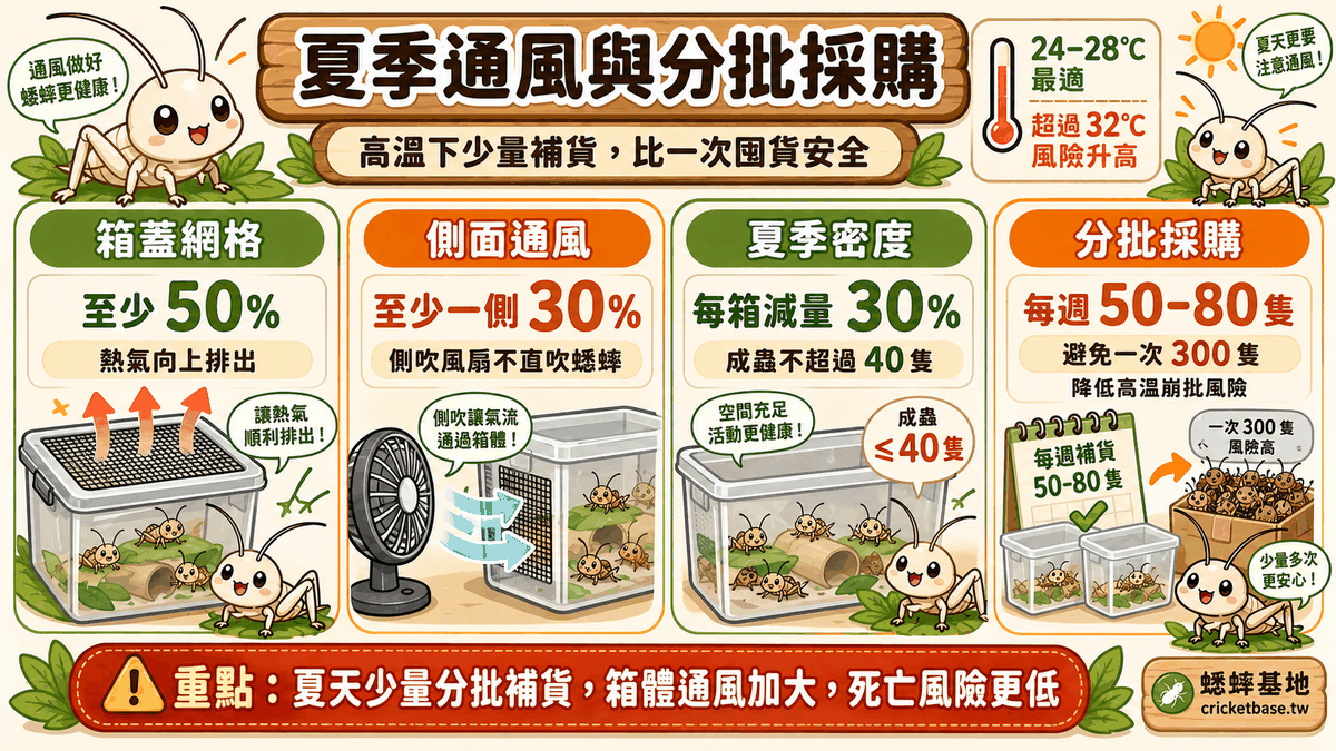 夏天高溫下蟋蟀撐不久，分批少量採購比一次囤貨安全