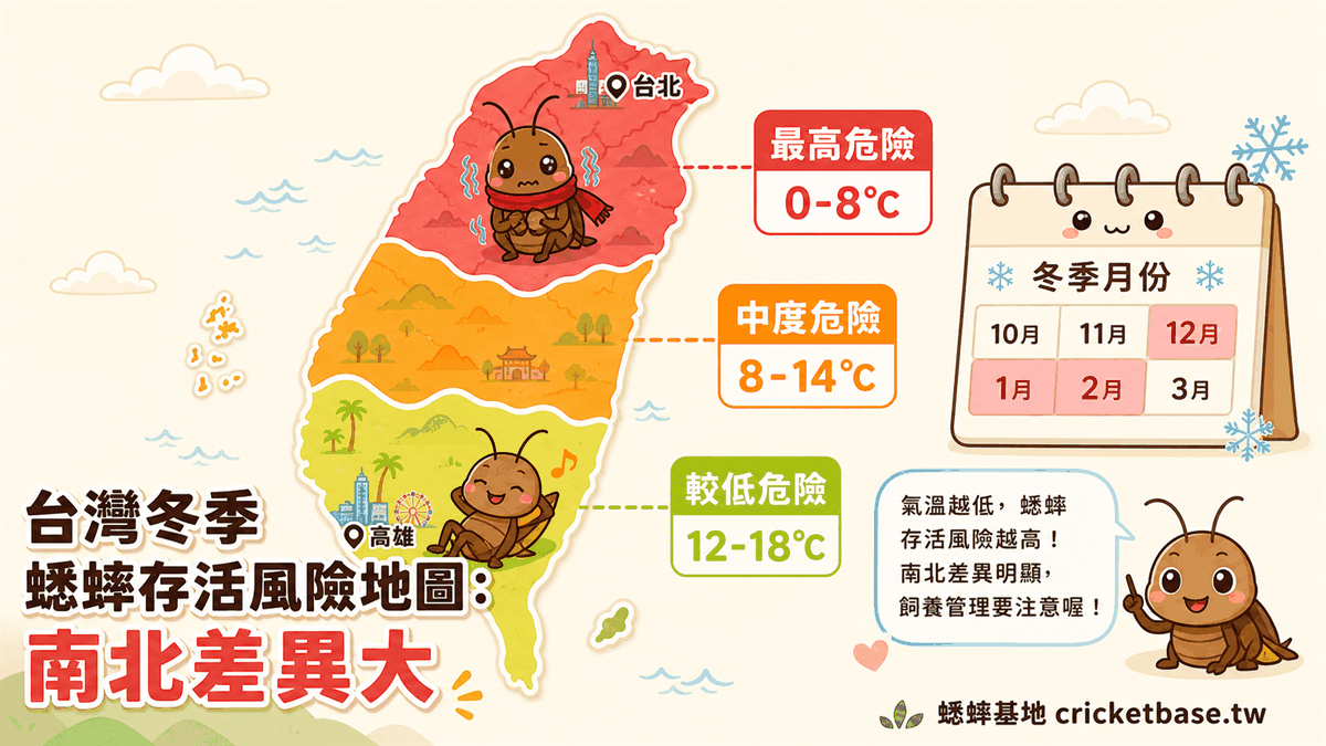 台灣冬季蟋蟀存活風險地圖：北部高風險紅色、中部橙色、南部黃色，危險期 12-2 月