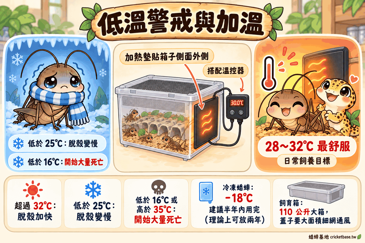 低溫警戒與加溫：低於 25°C 脫殼變慢、低於 16°C 開始大量死亡；28～32°C 最舒服，加熱墊貼箱子側面外側並搭配溫控器
