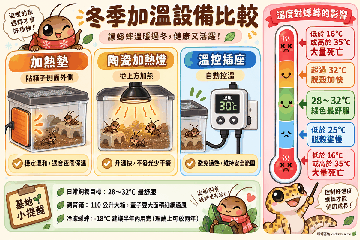冬季加溫設備比較:加熱墊貼箱子側面外側、陶瓷加熱燈從上方加熱、溫控插座自動控溫;日常目標 28~32°C,低於 16°C 或高於 35°C 會大量死亡