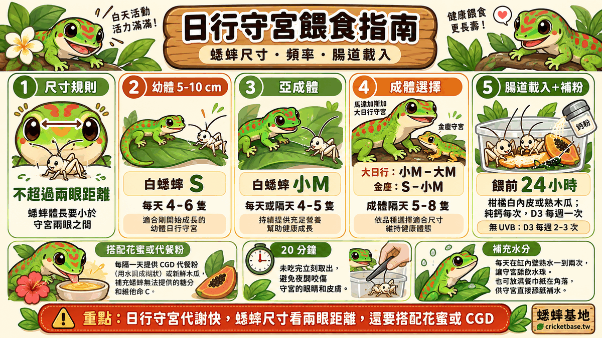 日行守宮的餵食指南：蟋蟀尺寸、頻率與腸道載入技巧