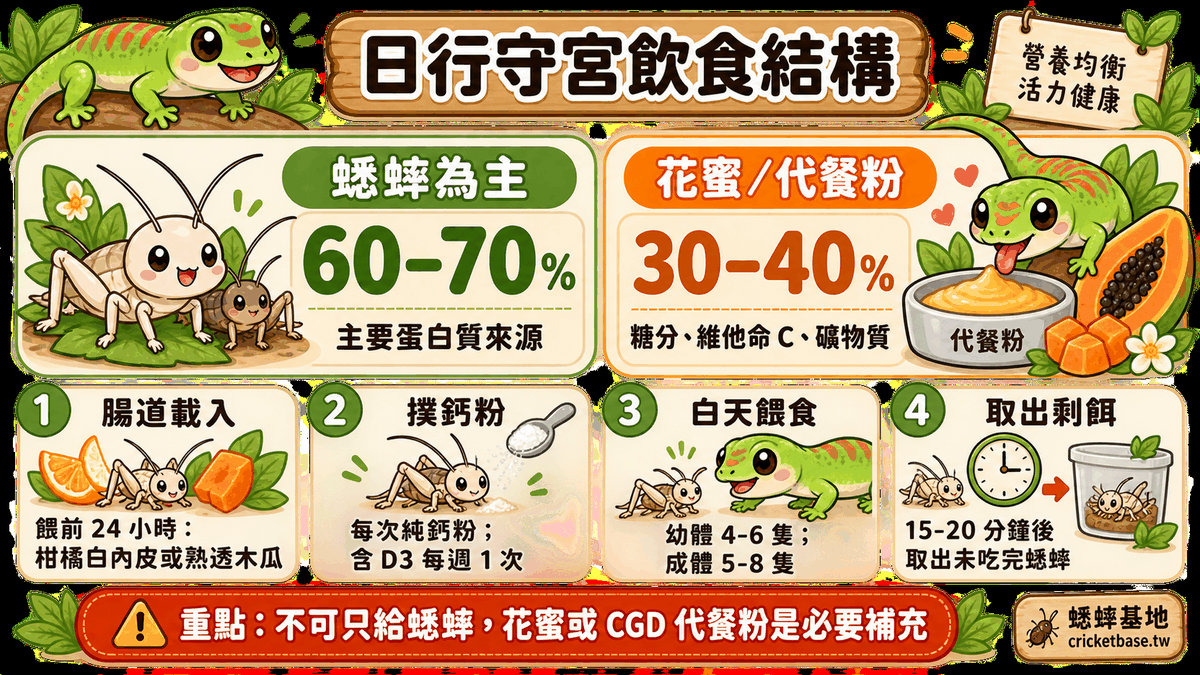 日行守宮飲食結構：蟋蟀佔 60-70%、花蜜代餐粉佔 30-40%