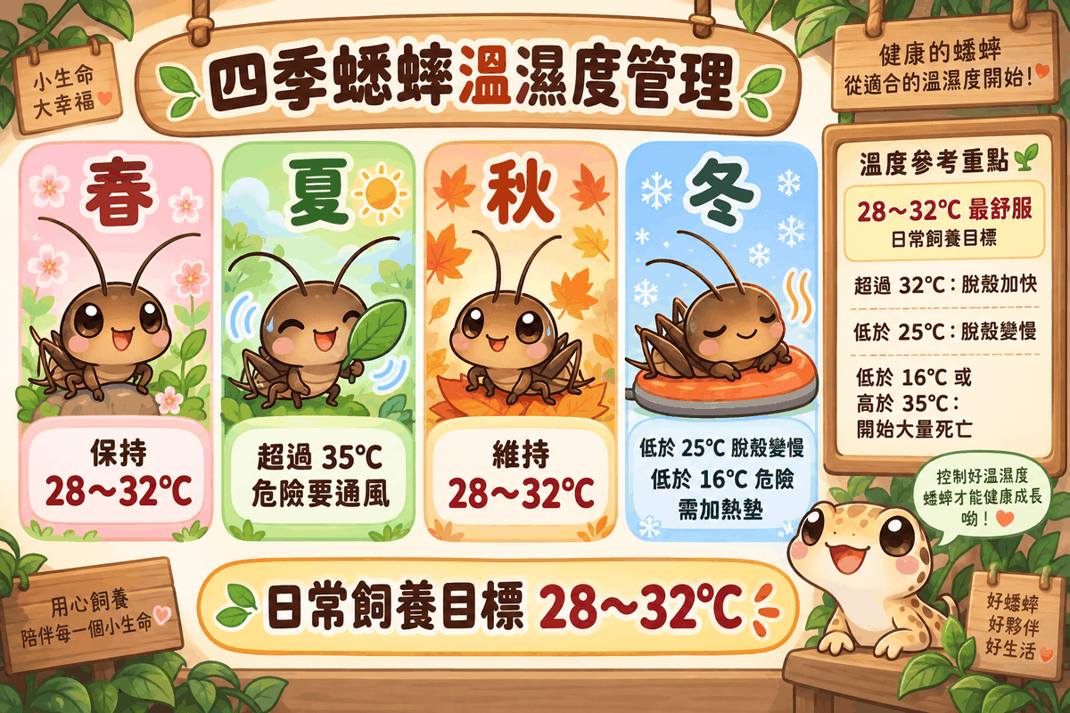 四季蟋蟀溫度管理：日常目標 28～32°C，夏天超過 35°C 危險要通風，冬天低於 25°C 脫殼變慢、低於 16°C 危險需加熱墊