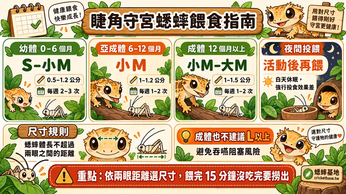 睫角守宮蟋蟀餵食指南：幼體 0-6 個月用 S–小M 每週 2-3 次、亞成體 6-12 個月用 小M 每週 1-2 次、成體 12 個月以上用 小M–大M 每週 1-2 次；尺寸規則是體長不超過兩眼之間的距離，成體也不建議 L 以上