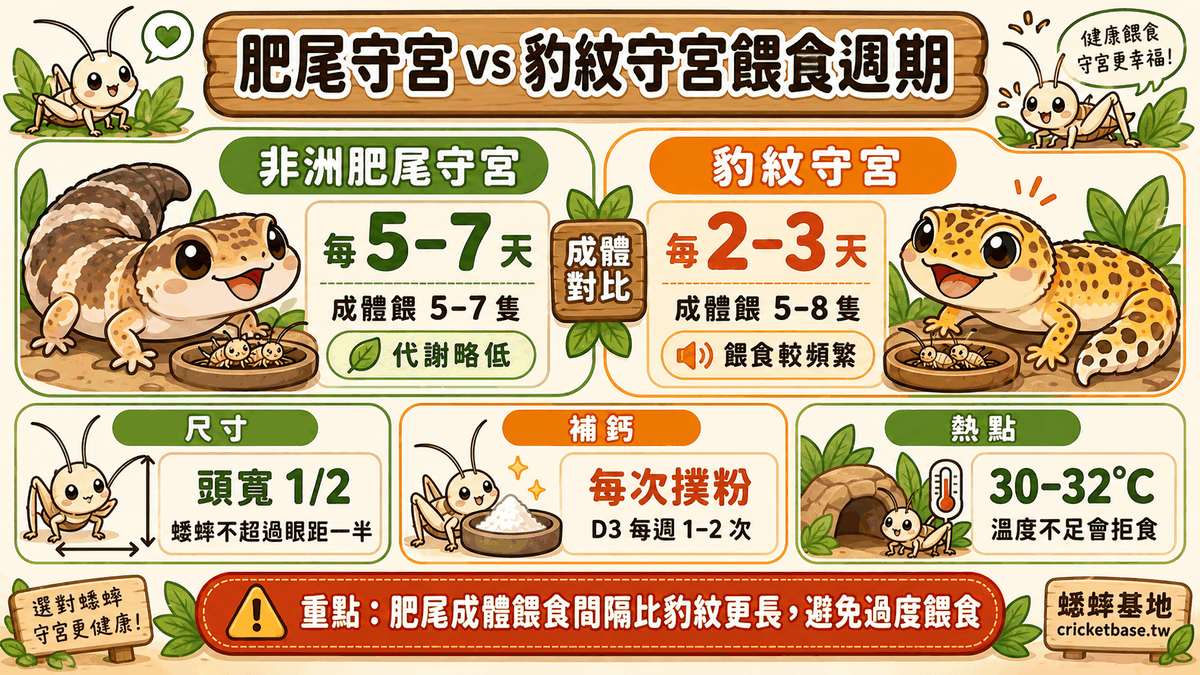 肥尾守宮 vs 豹紋守宮餵食週期對比：肥尾每 5-7 天、豹紋每 2-3 天