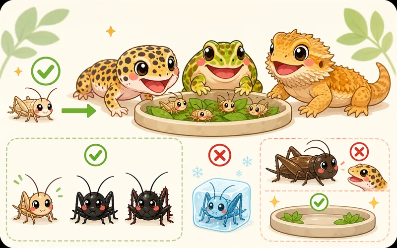 活蟋蟀是守宮、蛙類、鬃獅蜥都適合的主力活餌；冷凍蟋蟀存放方便、無反咬風險，是囤貨備用或病中/蛻皮期手餵的實用選項。