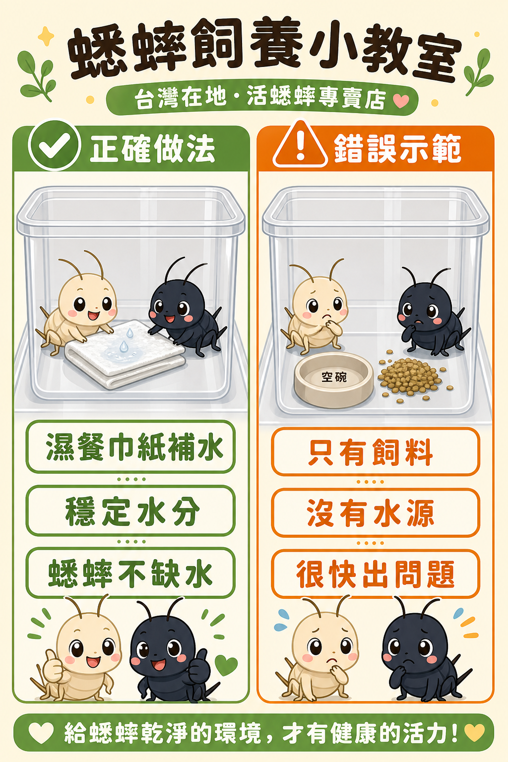 蟋蟀趴在濕餐巾紙上補水是正確做法；旁邊空碗是錯誤示範——光給飼料不給水，蟋蟀很快就會出問題