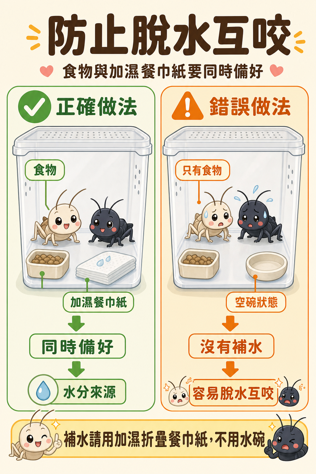 食物加濕餐巾紙同時備好才是正確做法，只給食物不補水的空碗狀態，正是蟋蟀脫水互咬的開端