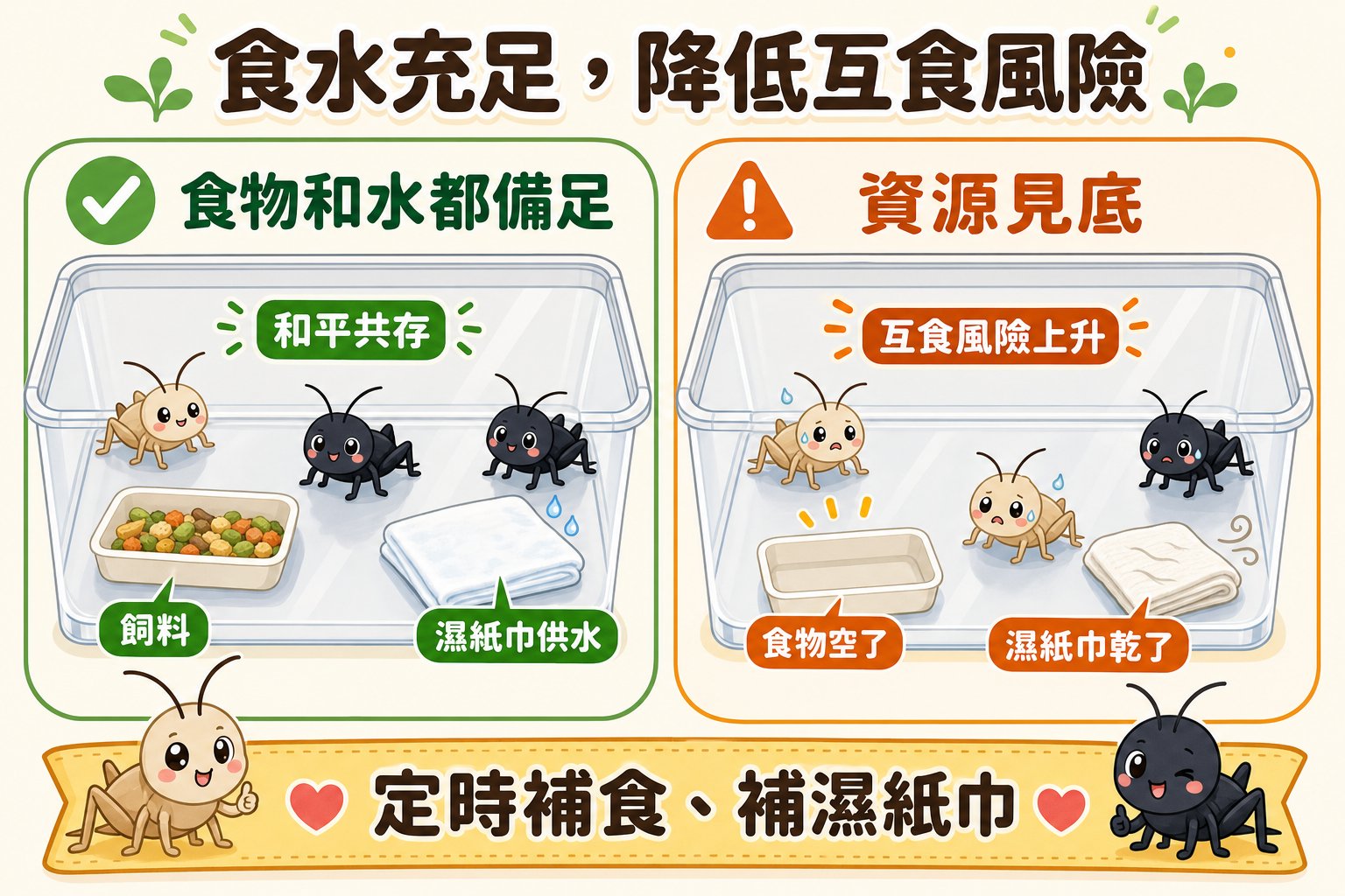 食物和水都備足時蟋蟀能和平共存，一旦資源見底，即便蟋蟀沒有攻擊性，互食也會自然發生
