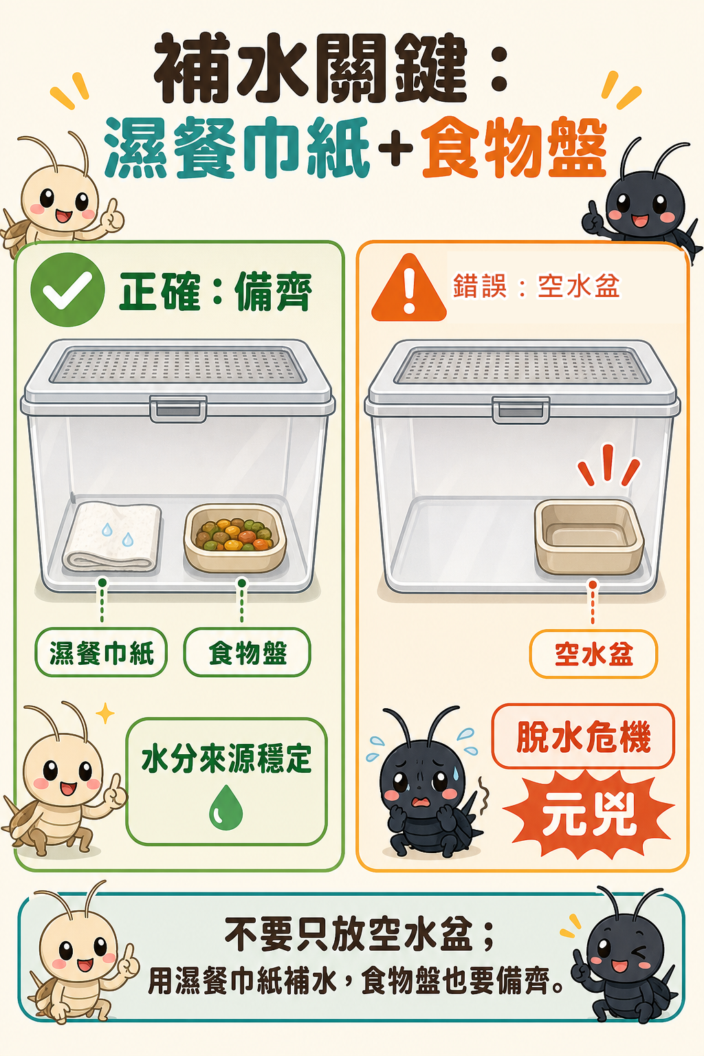 飼育箱內濕餐巾紙和食物盤都要備齊，空水盆才是讓蟋蟀陷入脫水危機的元兇