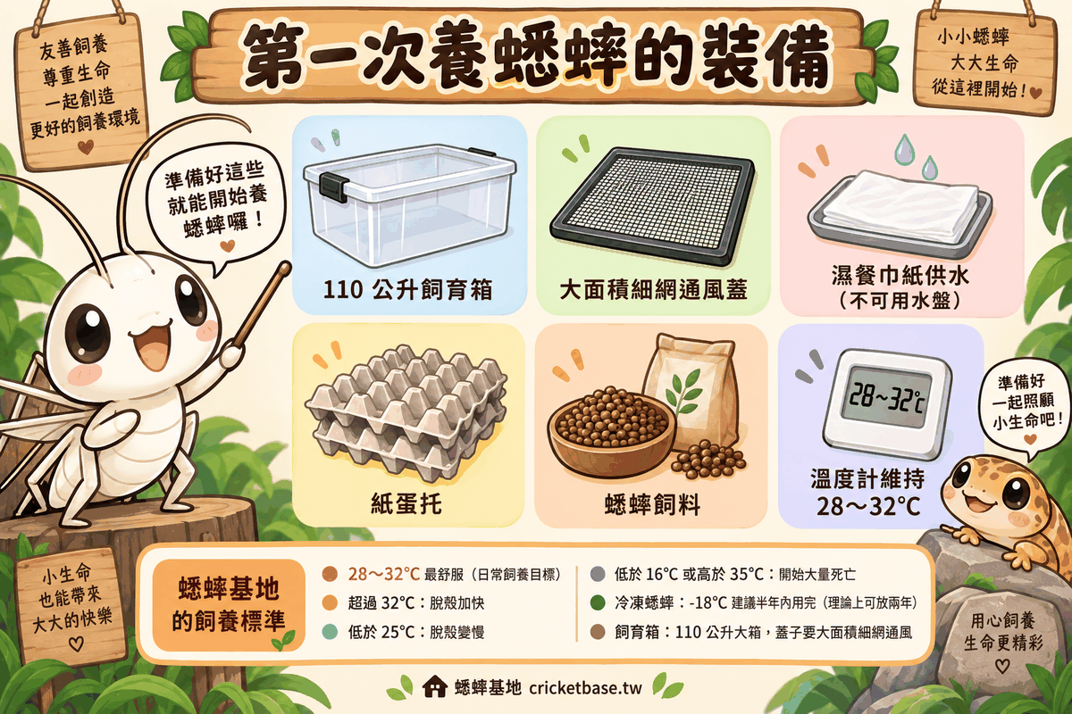 第一次養蟋蟀的裝備：110 公升飼育箱、大面積細網通風蓋、濕餐巾紙供水（不可用水盤）、紙蛋托、蟋蟀飼料、溫度計維持 28～32°C