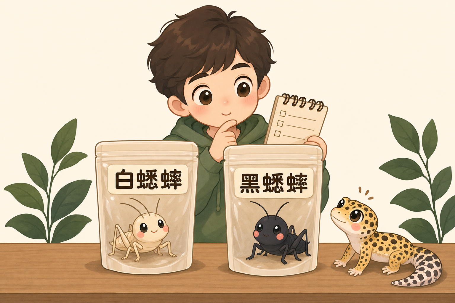 新手飼主面對白蟋蟀和黑蟋蟀兩種選擇,旁邊有守宮在等待,示意第一次採購選對品種