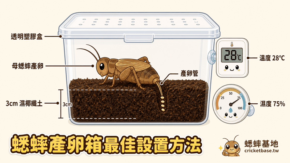 蟋蟀產卵箱設置示意：透明塑膠盒、3 公分濕椰纖土、溫度 28°C、濕度 75%