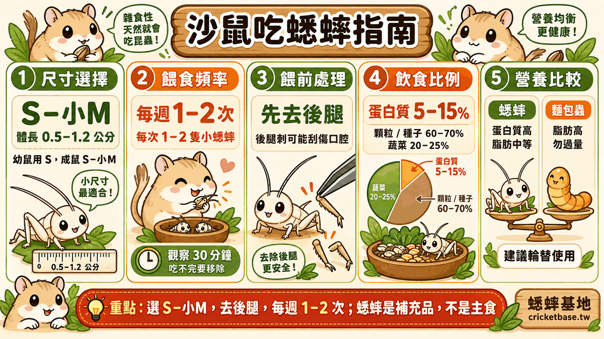 沙鼠吃蟋蟀指南:尺寸選 S–小M(體長 0.5–1.2 公分,幼鼠用 S)、每週 1–2 次、餵前先去後腿、蛋白質占飲食 5–15%,以及蟋蟀與麵包蟲的營養比較