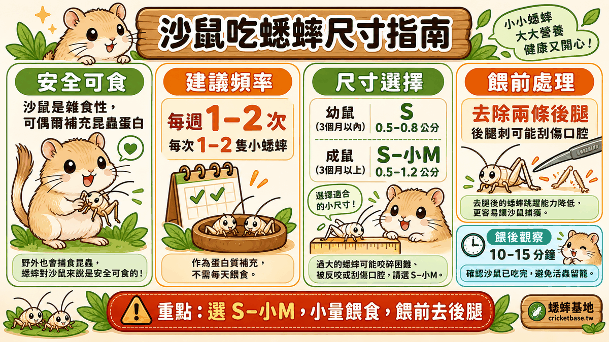 沙鼠吃蟋蟀尺寸指南:幼鼠(3 個月以內)用 S(0.5–0.8 公分)、成鼠用 S–小M(0.5–1.2 公分);每週 1–2 次每次 1–2 隻、餵前去除兩條後腿、餵後觀察 10–15 分鐘