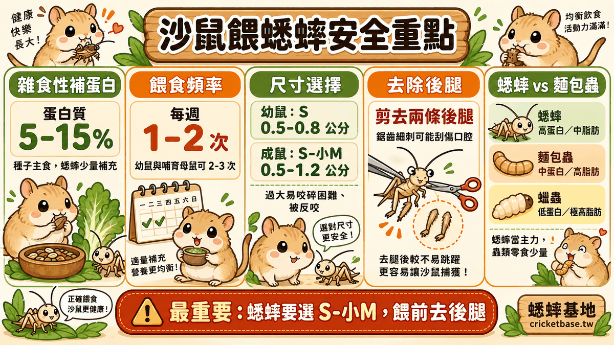 沙鼠餵蟋蟀安全重點:蛋白質占 5–15%、每週 1–2 次、幼鼠用 S 成鼠用 S–小M、剪去兩條後腿,以及蟋蟀、麵包蟲、蠟蟲的蛋白質與脂肪比較