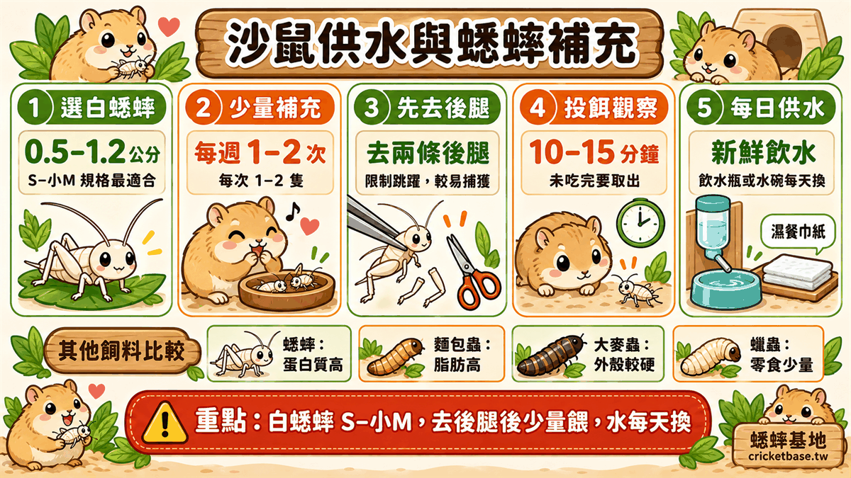 沙鼠供水與蟋蟀補充:選白蟋蟀 0.5–1.2 公分(S–小M 規格最適合)、每週 1–2 次、先去兩條後腿、投餌後 10–15 分鐘觀察、每天換新鮮飲水並用濕餐巾紙供水