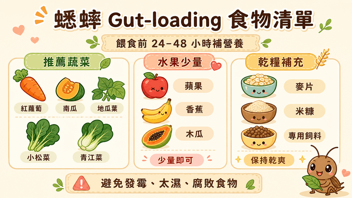 蟋蟀腸道載入食物清單總覽：餵食前 24–48 小時補營養