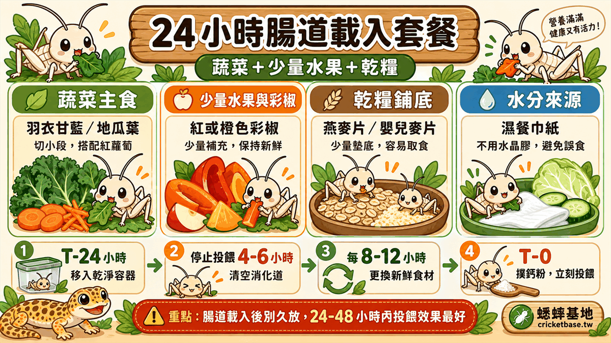 蔬菜、少量水果與乾糧三類食材搭配成 24 小時腸道載入套餐
