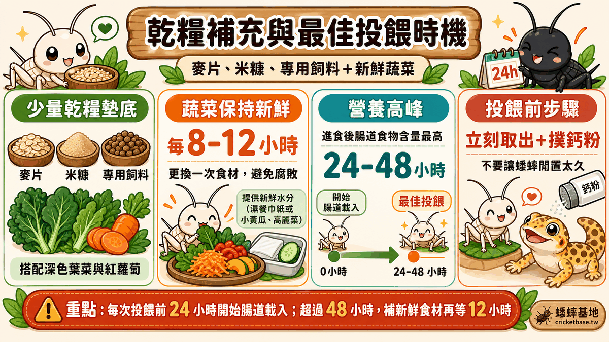 乾糧補充：麥片、米糠與專用飼料可搭配新鮮蔬菜使用