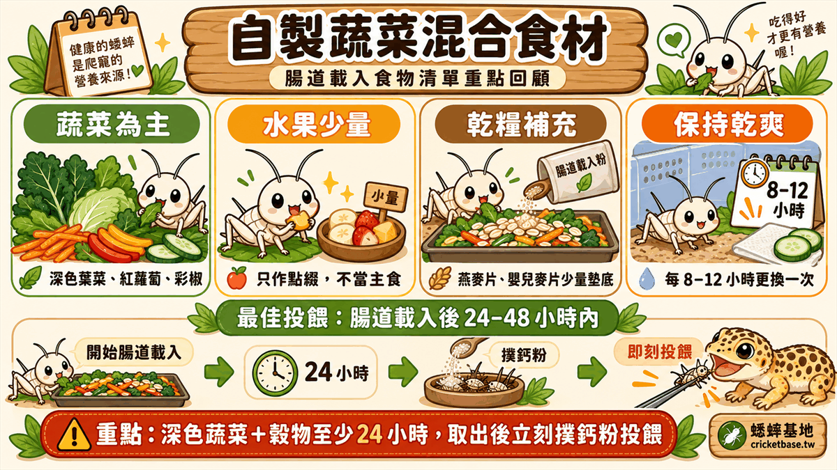 腸道載入食物清單重點回顧：蔬菜為主、水果少量、乾糧補充、保持乾爽