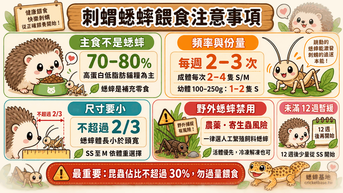 刺蝟蟋蟀餵食注意事項：活體優先、勿過量、禁用野外蟋蟀（農藥風險）、幼體12週以下暫緩