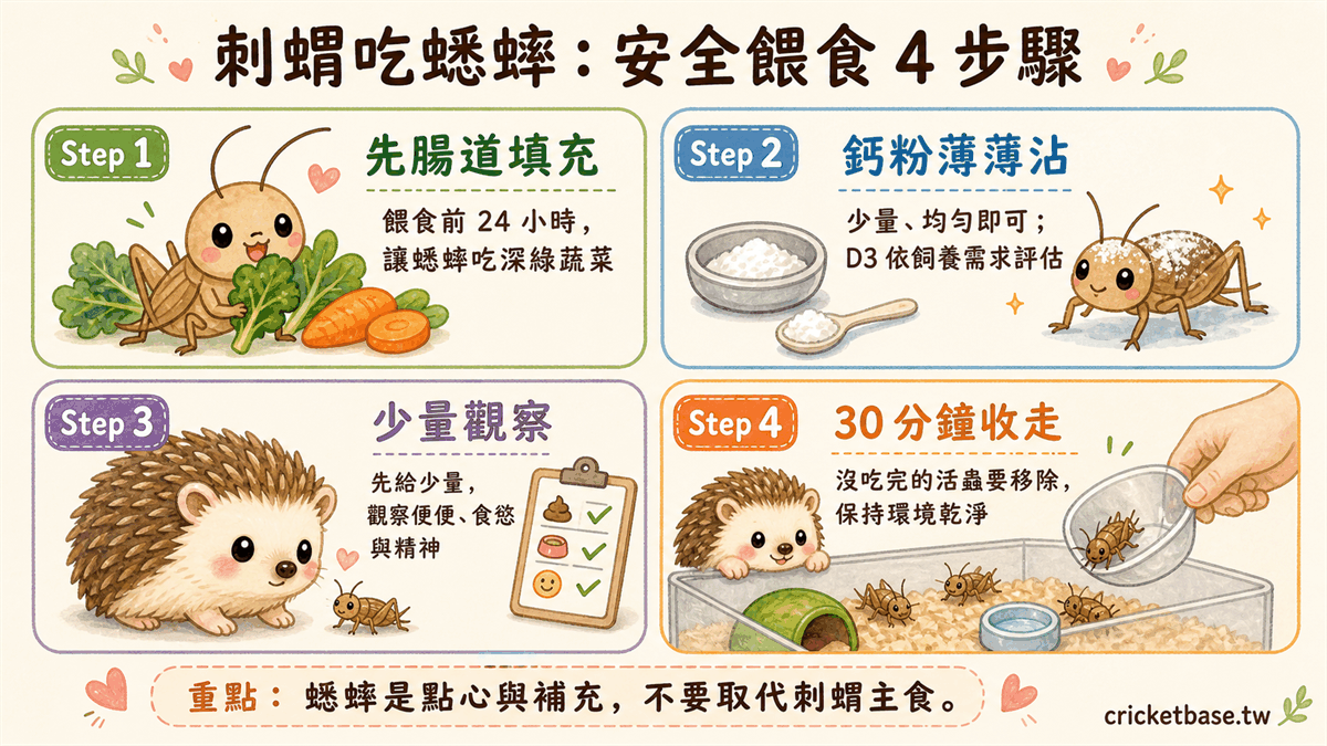 蟋蟀補鈣撲粉步驟：加鈣粉搖均後30分鐘內投入刺蝟籠，每週一次換含D3鈣粉