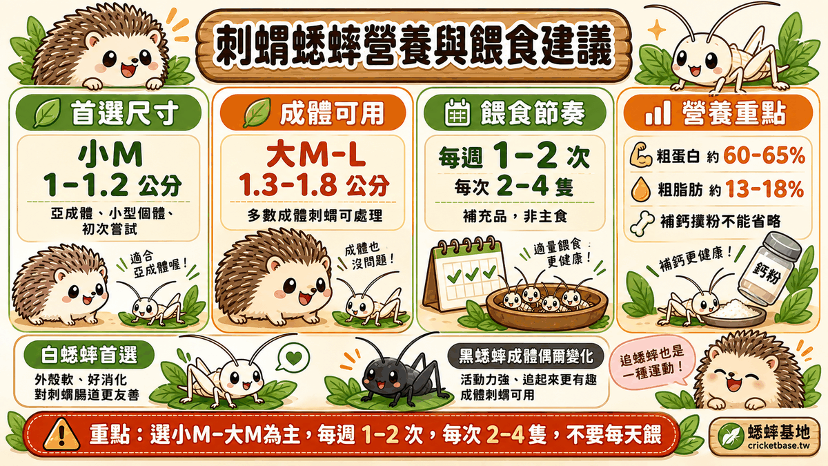 刺蝟蟋蟀餵食建議：S 尺寸適合亞成體、M 尺寸適合成體，每週 1–2 次每次 2–4 隻