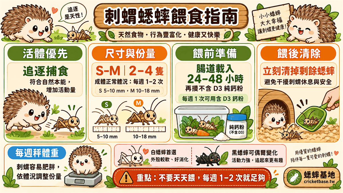刺蝟蟋蟀餵食注意事項：活體優先、餵完立刻清除剩餘蟋蟀、每週秤體重、避免天天餵
