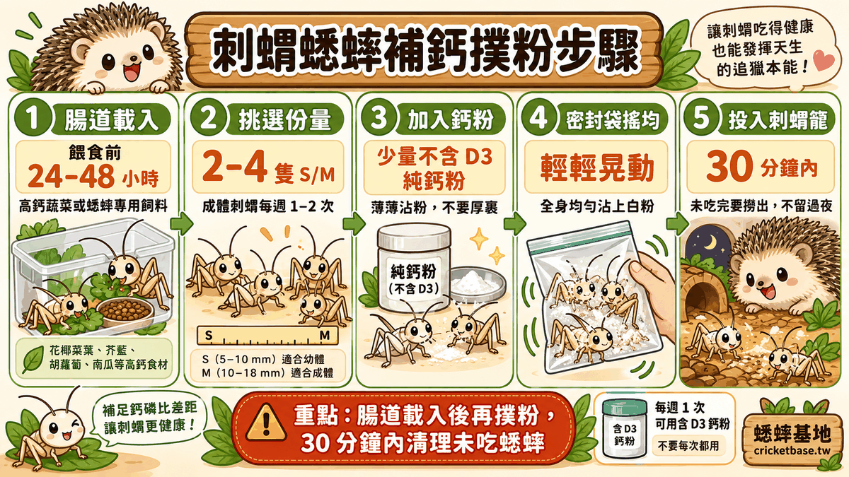 刺蝟蟋蟀補鈣撲粉步驟：腸道載入24小時後密封袋加鈣粉搖均，30分鐘內投入刺蝟籠，補足鈣磷比差距