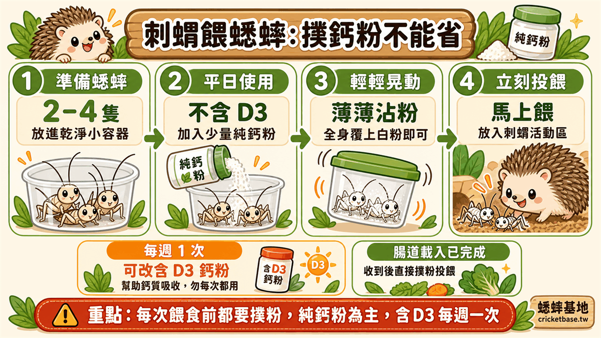 刺蝟蟋蟀撲鈣粉示意：以純鈣粉為主，每週一次改用含 D3 款
