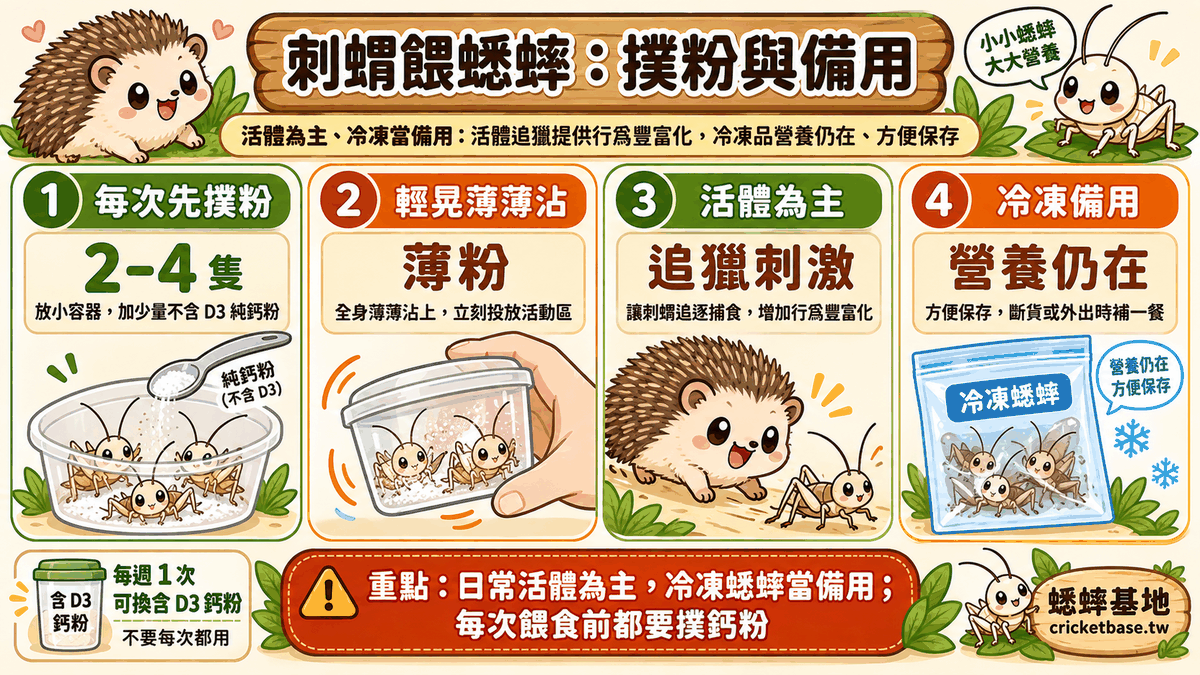 刺蝟餵蟋蟀以活體為主、冷凍當備用：活體追獵提供行為豐富化，冷凍品營養仍在、方便保存