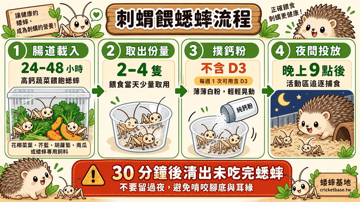 刺蝟餵蟋蟀流程：腸道載入、撲粉、夜間投放、30 分鐘後清出未吃完的蟋蟀