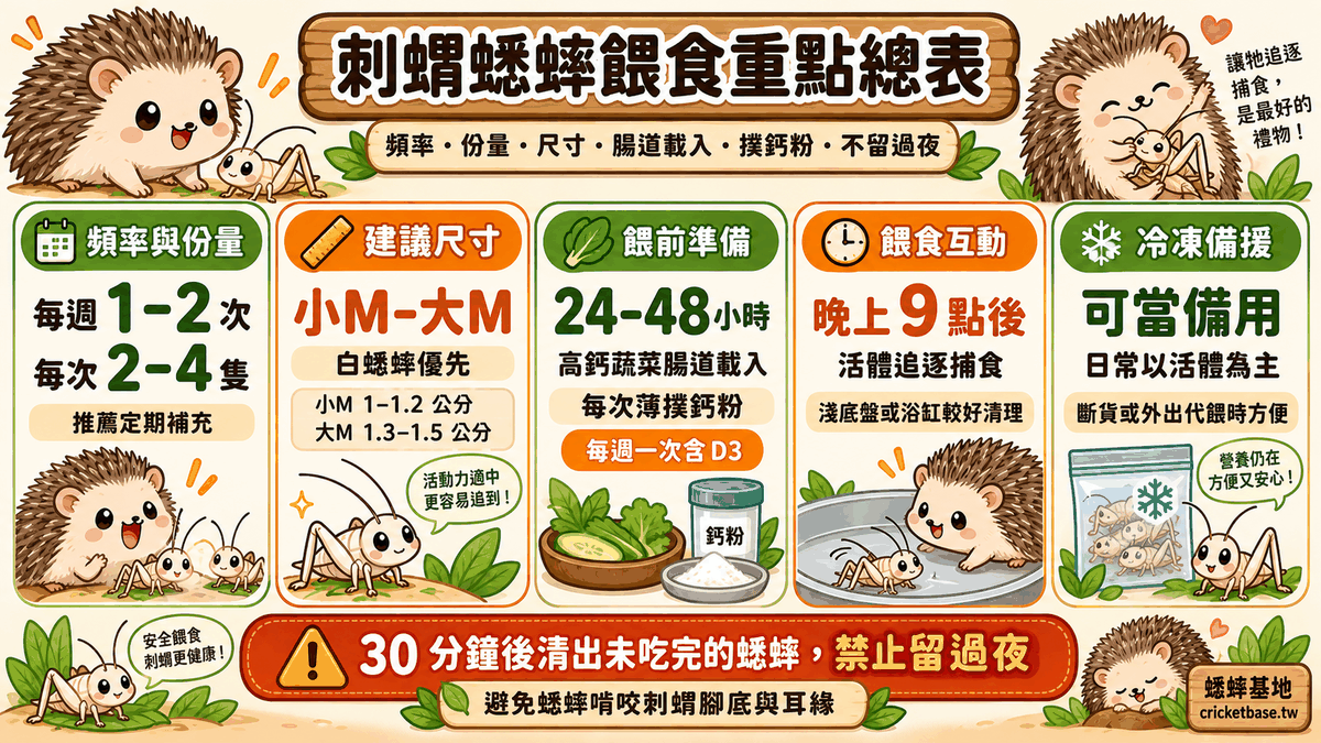 刺蝟蟋蟀餵食重點總表：頻率、份量、尺寸、腸道載入、撲鈣粉、不留過夜