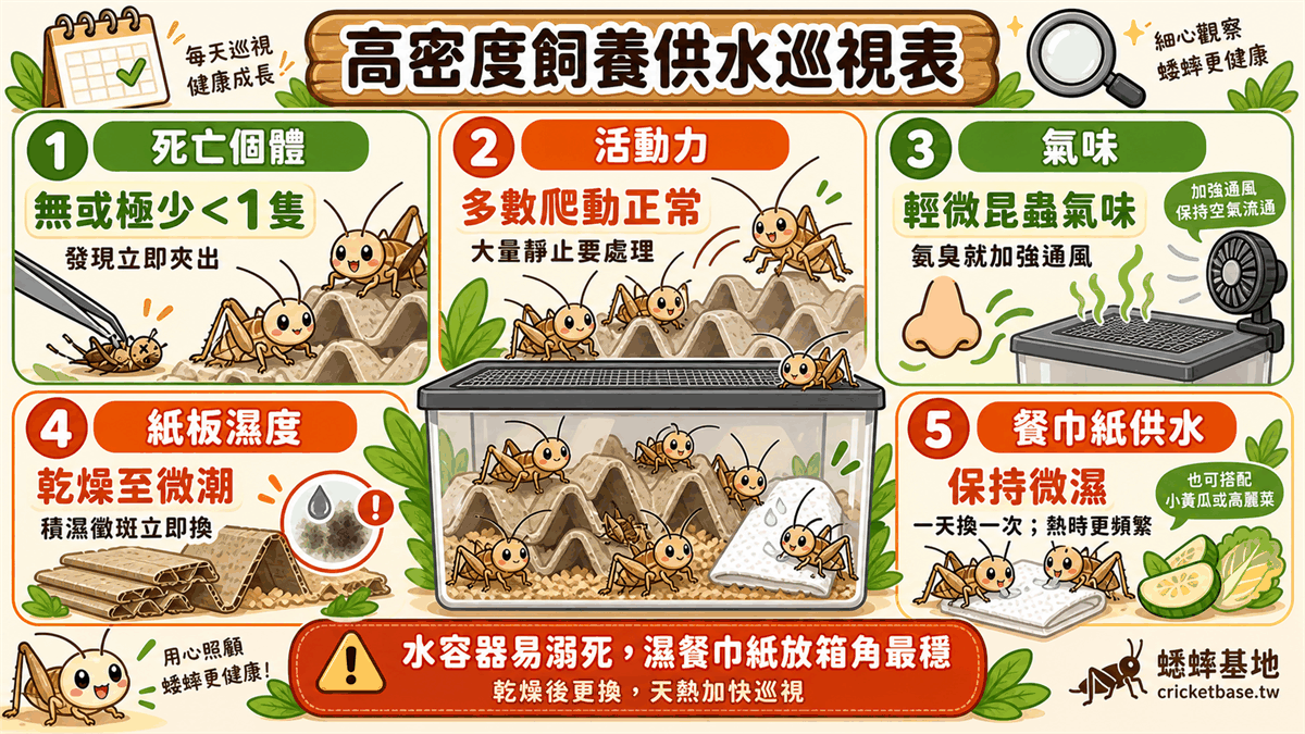 每日巡視必查:死亡個體、活動力、氣味、紙板濕度、餐巾紙供水