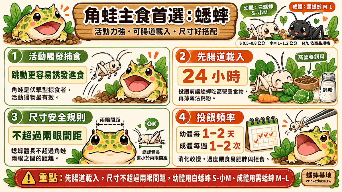 角蛙主食首選蟋蟀：活動獵物觸發捕食、投餵前 24 小時腸道載入再沾鈣粉、體長不超過兩眼間距、幼體每 1–2 天成體每週 1–2 次；幼體用白蟋蟀 S–小M、成體用黑蟋蟀 M–L