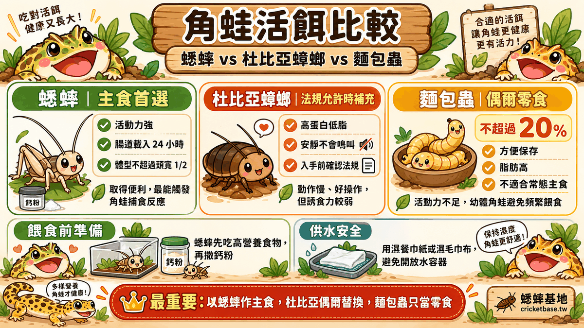 麵包蟲脂肪高、消化率差，只能當偶爾零食且不超過總餵食量 20%；圖中另附餵食前準備與供水安全提醒