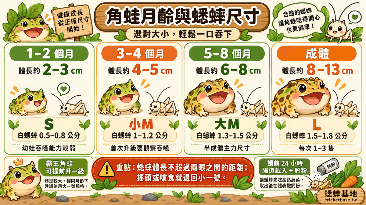 角蛙月齡與蟋蟀尺寸：1-2 個月（體長 2-3 公分）用白蟋蟀 S、3-4 個月（4-5 公分）用小M、5-8 個月（6-8 公分）用大M、成體（8-13 公分）用 L；體長不超過兩眼之間的距離，餵前 24 小時腸道載入加鈣粉