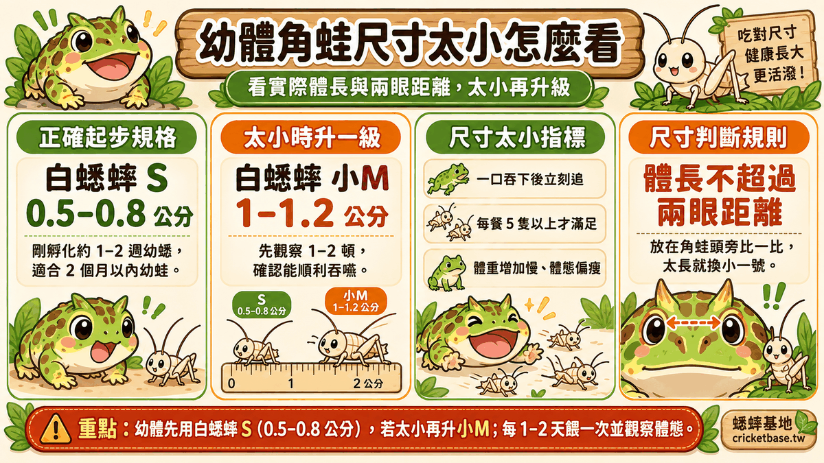 幼體角蛙尺寸太小怎麼看：正確起步是白蟋蟀 S（0.5–0.8 公分），太小就升一級到小M（1–1.2 公分）；判斷規則是蟋蟀體長不超過角蛙兩眼之間的距離