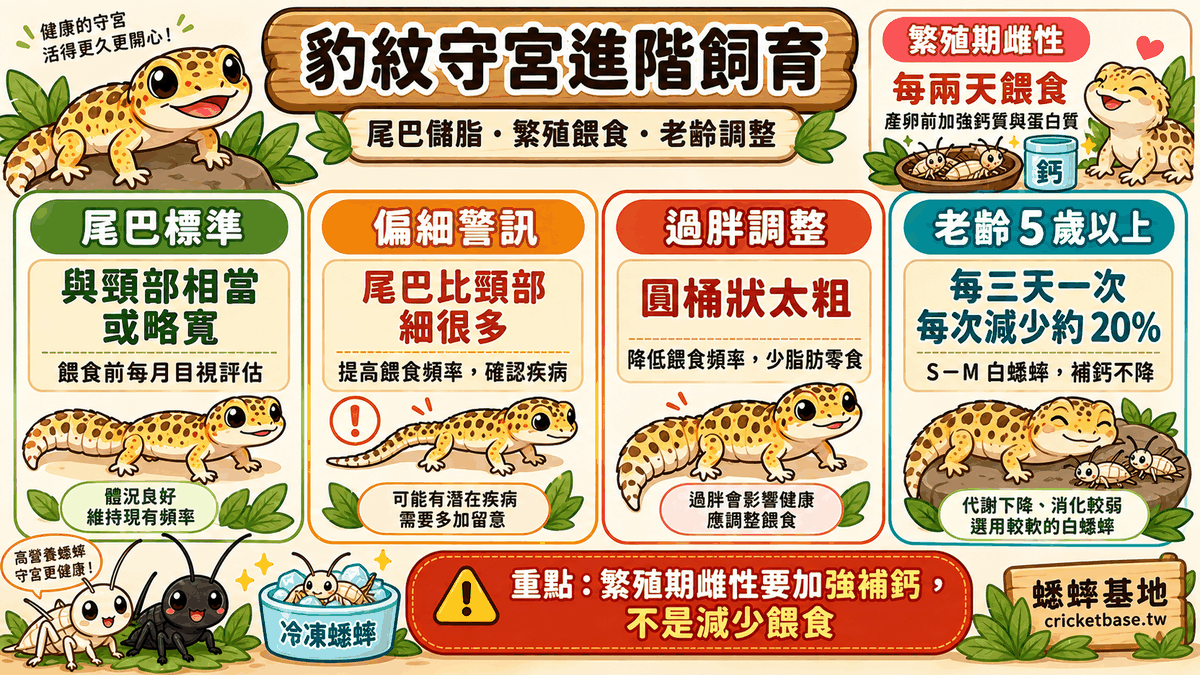 豹紋守宮進階飼育總覽:尾巴標準與頸部相當、偏細警訊、過胖調整、老齡 5 歲以上每三天一次並減量約 20%、繁殖期雌性每兩天餵食