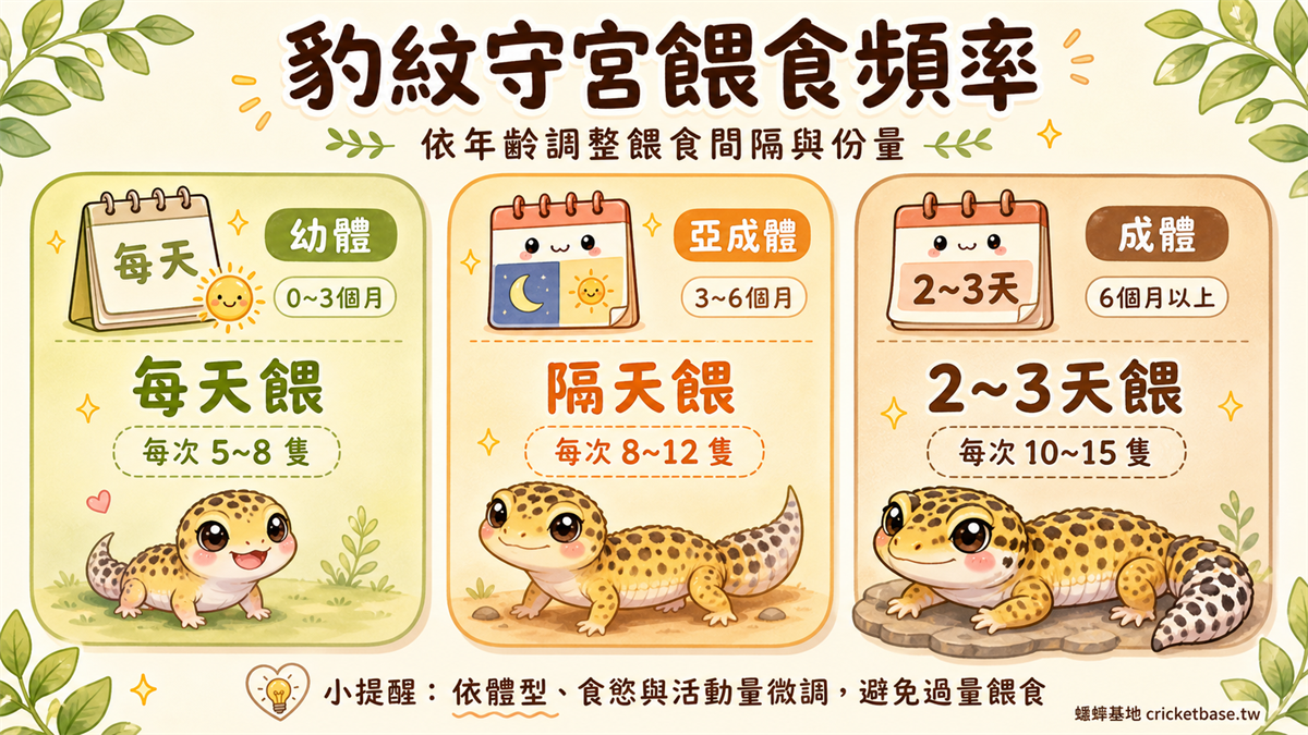 豹紋守宮餵食頻率與份量對照圖，幼體每天四至六隻、成體每兩到三天五至八隻